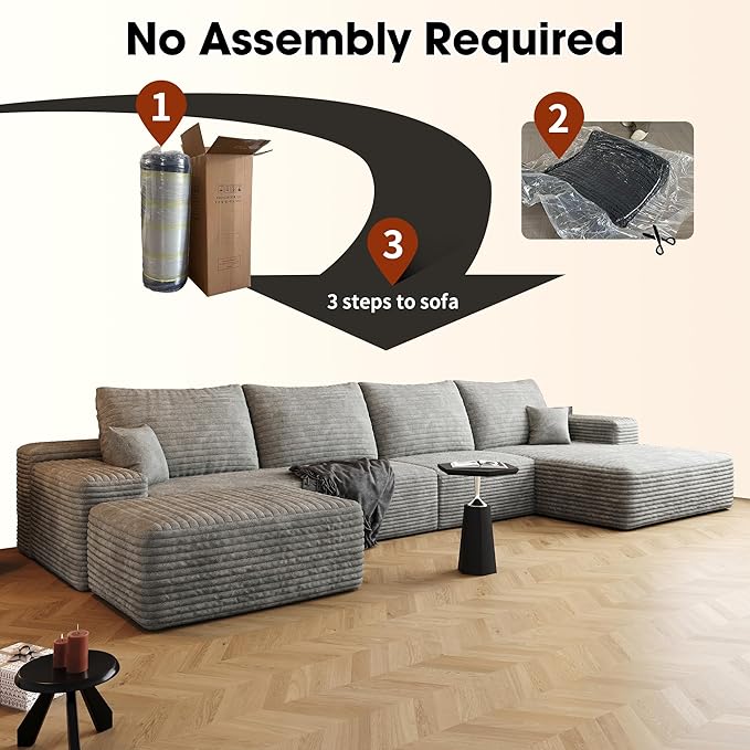 135" U Shaped Boneless Couch with Ottoman, Convertible Sleeper Compression Sofa, Corduroy Couch Sectional for Living Room Bedroom, Deep Seat Foam Cloud Sofas No Assembly, Right Facing Chaise, Grey