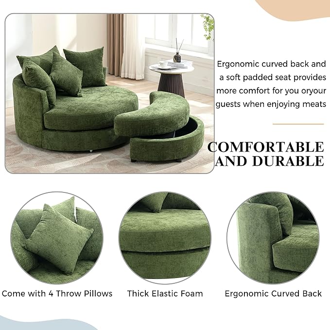 ERYE Oversized Round Accent Barrel Chair with Storage Ottoman and 360 Swivel Base, Modern Chenille Upholstered Leisure Recliner Armchair for Living Room Bedroom