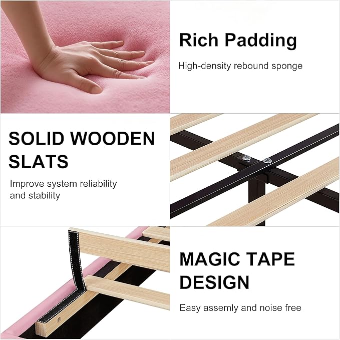 VECELO Queen Size Bed Frame with Velvet Upholstered Headboard, Platform Bedframe Mattress Foundation, Sturdy Wooden Slats Support,No Box Spring Needed Noise Free/Easy Assembly,Pink