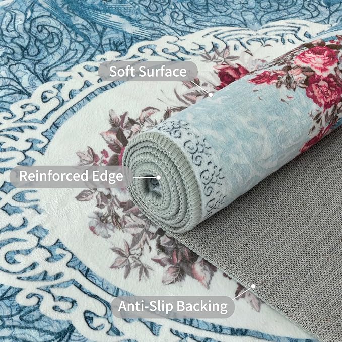 Easy-Going Round Rug 5ft Area Rug Washable Floral Circle Rugs for Living Room Non-Slip Bedroom Rug Low Pile Lightweight Retro Flowers Throw Rug for Dining Room Kitchen Home Home Office, Teal Red