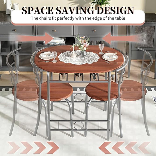 VECELO 3-Piece Dining Table Set for Kitchen Breakfast Nook, Wood Grain Oval Tabletop and Metal Frame with Built-in Wine Rack, for Small Spaces, Brown & Silver