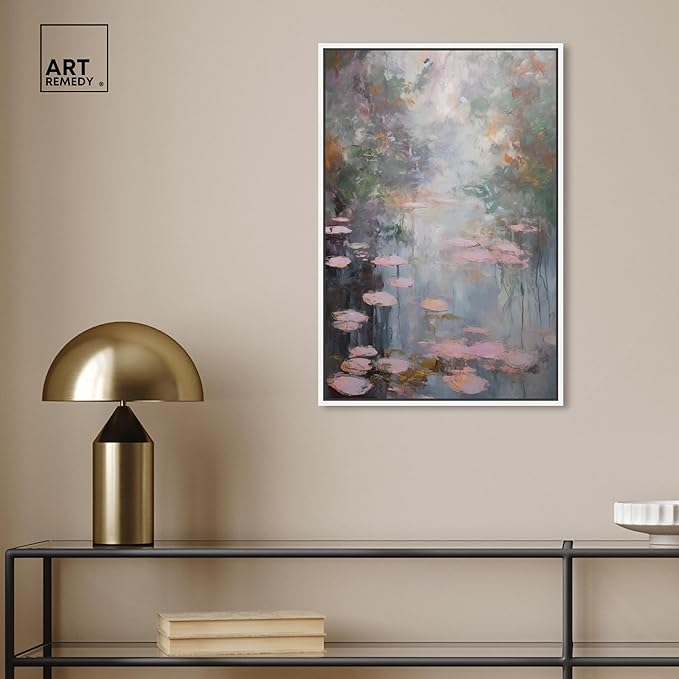 Art Remedy Pink Impressionisty Lilypads Framed Impressionism 1 Piece Canvas Wall Art/Monet And Van Gogh Inspired Art, 17" x 25", White Frame