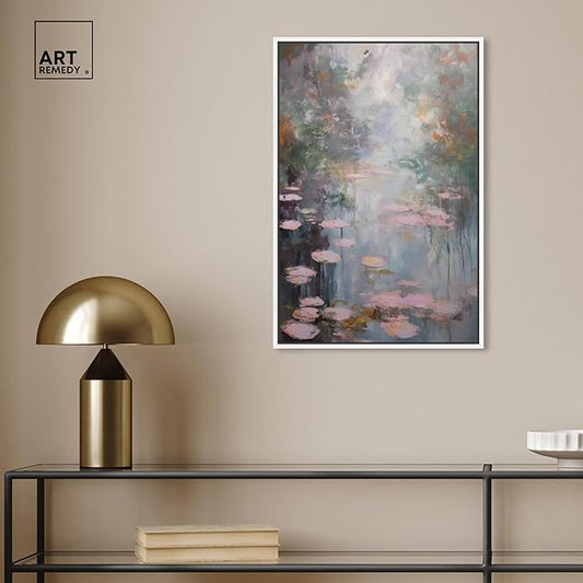 Art Remedy Pink Impressionisty Lilypads Framed Impressionism 1 Piece Canvas Wall Art/Monet And Van Gogh Inspired Art, 17" x 25", White Frame