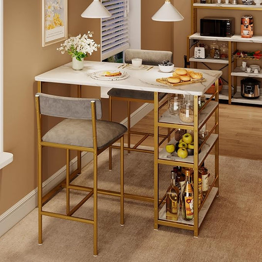 IDEALHOUSE IDDIINGTABLESET-ZDYJ-23071703, Grey and Gold Marble White