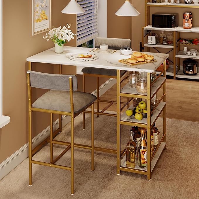 GAOMON Bar Stools Set of 2, Kitchen Bar Stools with Footrest, 25.5 Inches Upholstered Bar Chairs with Back, Counter Height Barstools for Counter Bar, Island, Easy Assembly,Gray and Gold