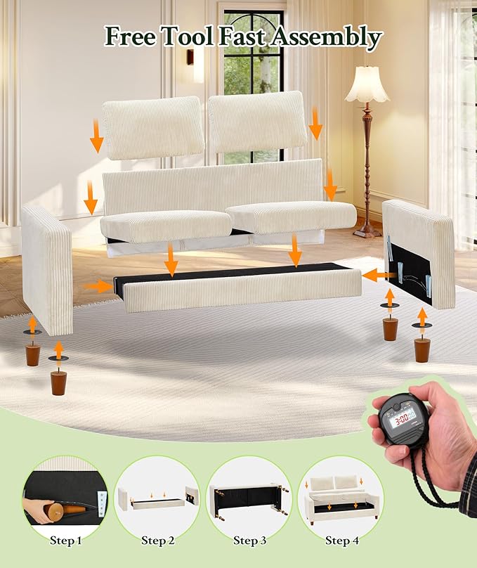 Welzona 70.2" Couches for Living Room, Comfy Sofa Set Tool-Free Setup, Corduroy Couch Set 7.1" Thicker Cushion, Accent Chair with Ottoman 848lbs Support, Sofas for Living Room Home Office, Beige