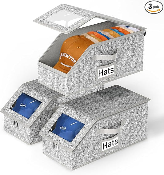 AOODA 3 PCS Stackable Hat Storage for Baseball Caps, Holds up to 36 Caps Cap Organizer for Closet, Sturdy Hat Boxes for Men with Cardboard, Grey