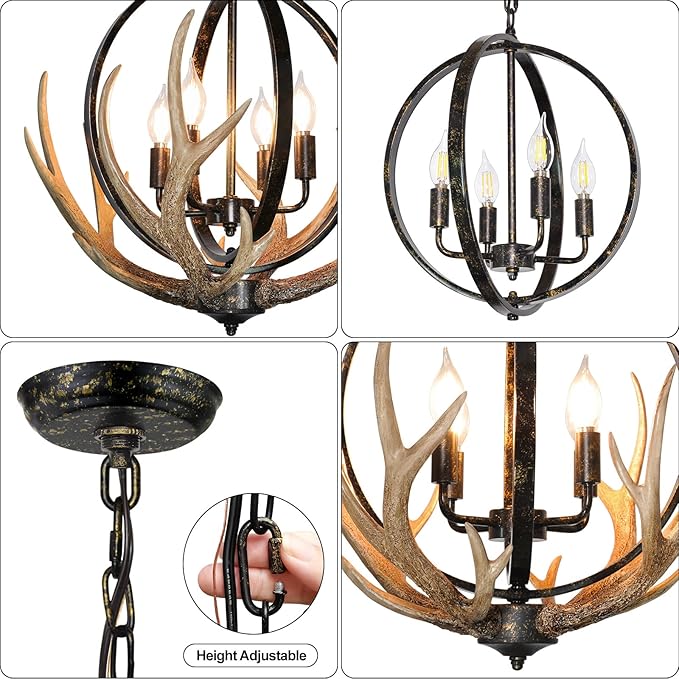 Antler Chandelier 4-Light for Dining Room, Large Deer Chandelier Fixtures with Retro Metal Globe and Resin 4 Antlers, Adjustable Farmhouse Chandeliers for Living Room Island Kitchen Bedroom Cabin