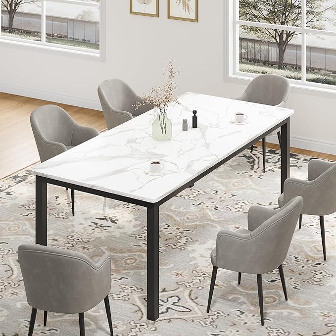 Garvee 79 in Dining Table for 6, Farmhouse Wooden Kitchen Tables for Family, Rectangular Industrial Style Dining Room Table with Sturdy Metal Frame, Long Desk for Restaurant, Kitchen, Office,White 2