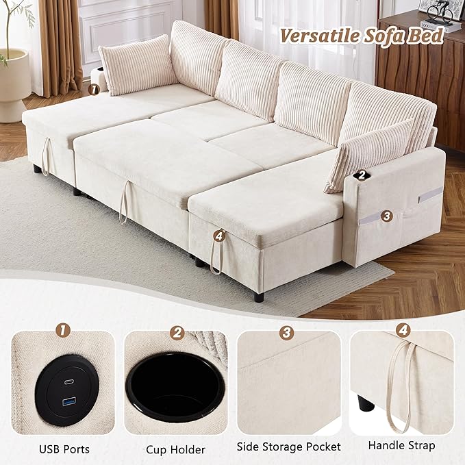 ERYE 113-Inch U-Shaped Pull Out Sleeper Couch Bed, Modern U Shaped Symmetrical Sleeper Sectional Sofa Convertible Sofa Bed with Storage Chaises & USB-C Ports for Living Room