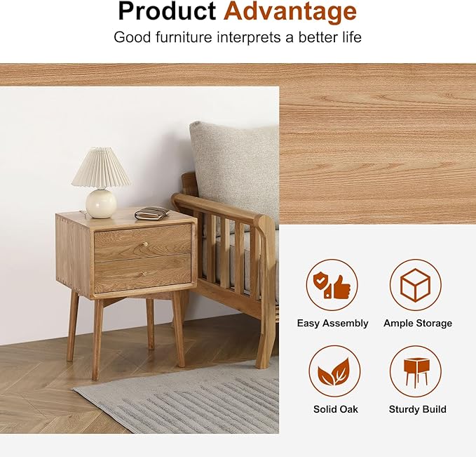 Mid Century Modern Nightstands, Oak Bedside Table Solid Wood End Table with Drawers Real Wooden Cabinet Organizer for Bedroom, Natural Color