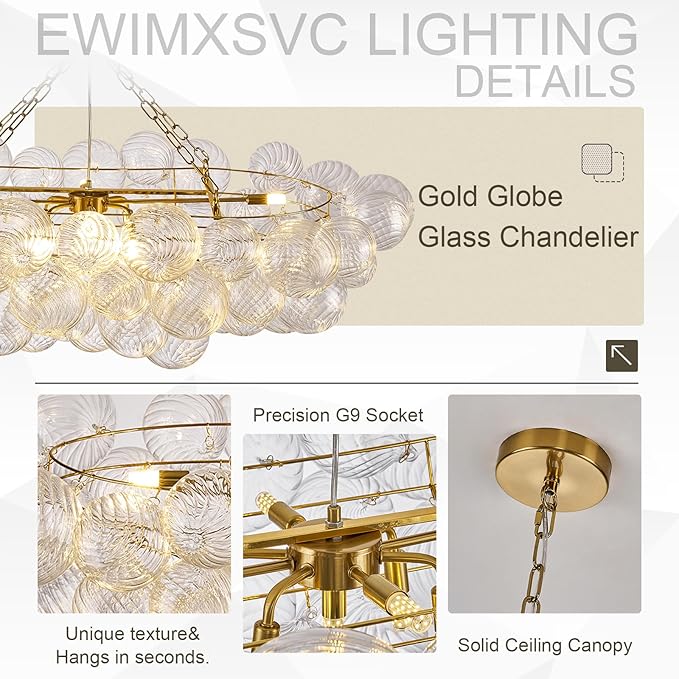 51" Large Gold Bubble Chandelier, 9-Light Modern Hand Blown Glass Chandelier Light Fixture, Rectangle Chandeliers for Dining Room Living Room Kitchen Island Foyer Entryway(Brush Brass Finish)