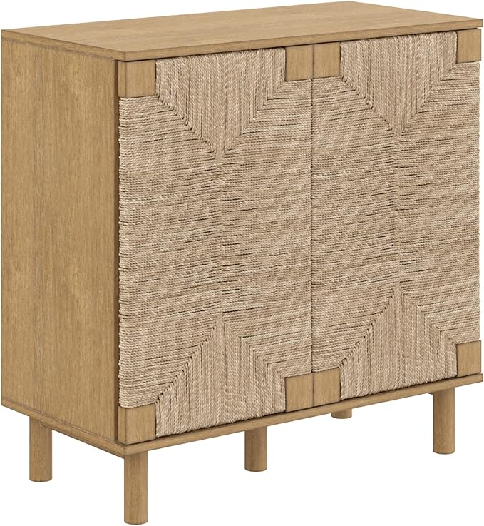 Nathan James Beacon Accent Natural Sideboard Storage Cabinet TV Stand in Light Wood with Adjustable Interior Shelf and Seagrass Doors, for Hallway, Entryway or Dining Room, Light Brown, Set of 4
