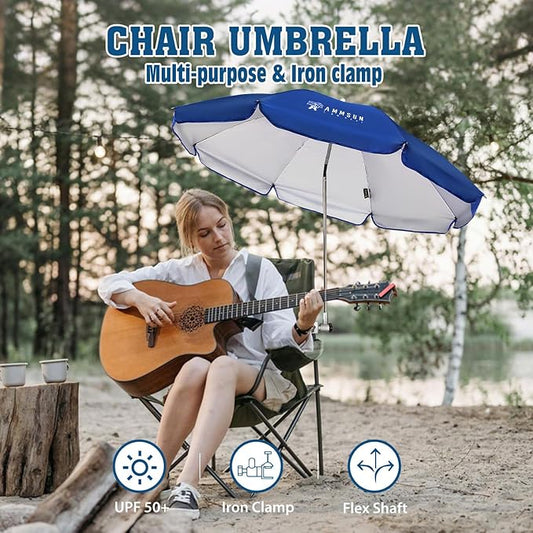 AMMSUN Chair Umbrella with Universal Clamp Adjustable 47 inches and 360° Swivel & UPF 50+ Protection Portable Sun Umbrella, Secure Clip on Camping/Beach Chairs, Stroller, Wheelchair, Golf cart, Lounger, Blue, Large-sized