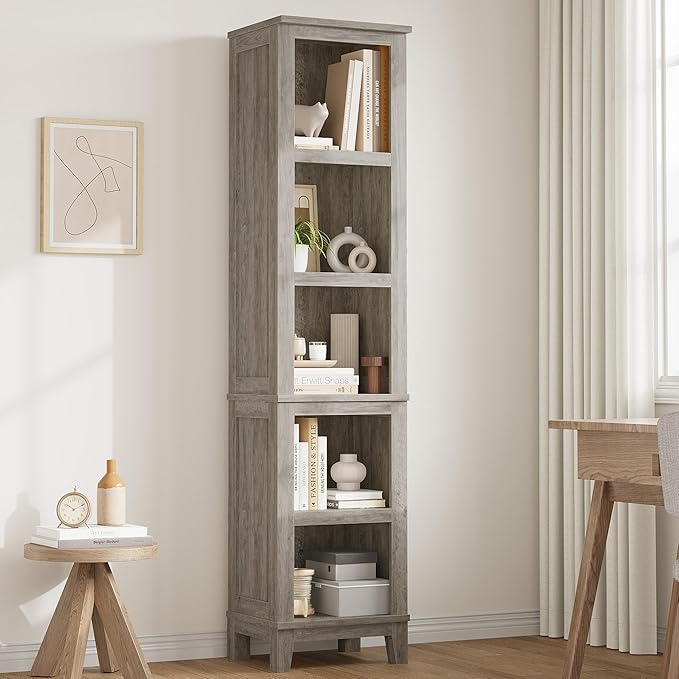 GarveeHome Narrow Bookcase 5 Tier Farmhouse Bookshelf Wooden Bookshelves Rustic Vintage Etagere Oak for Home Office, Living Room, Bed Room, Gray