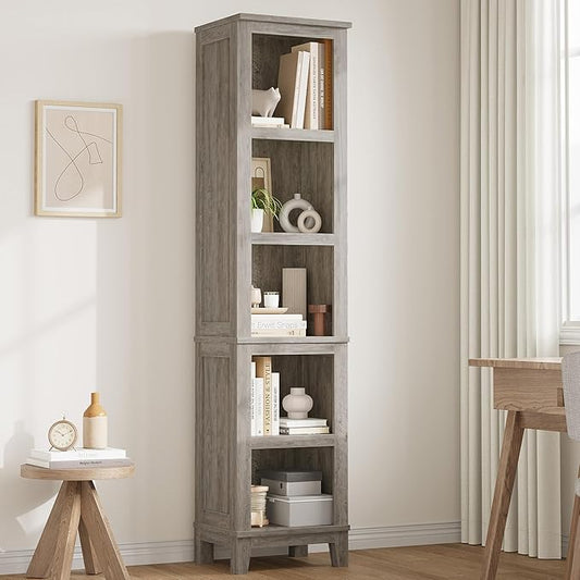 GarveeHome Narrow Bookcase 5 Tier Farmhouse Bookshelf Wooden Bookshelves Rustic Vintage Etagere Oak for Home Office, Living Room, Bed Room, Gray