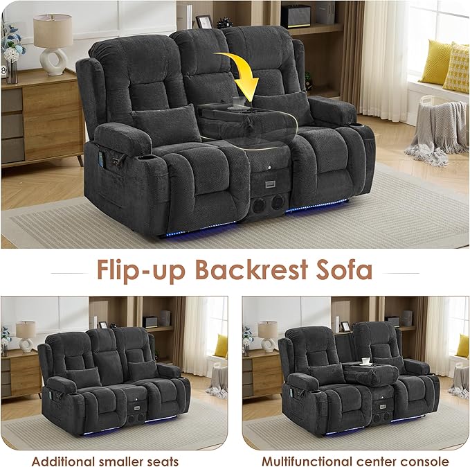 TUNYI Wall Hugger Loveseat Recliner Sofa with Console, Power Reclining Loveseat RV Couch with Massage & Heat/USB/Outlet/Storage/LED Light/Speaker (Dark Grey)