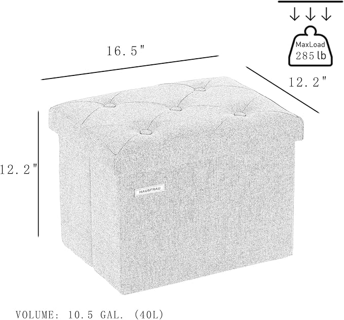 HAUSFRAU Ottoman with Storage Foot Rest Stool, Small Folding Footrest, Tufted Square Cube Seat for Living Room, Bedroom, Dorm, 12.2" x 16.5"x 12.2", Linen Grey