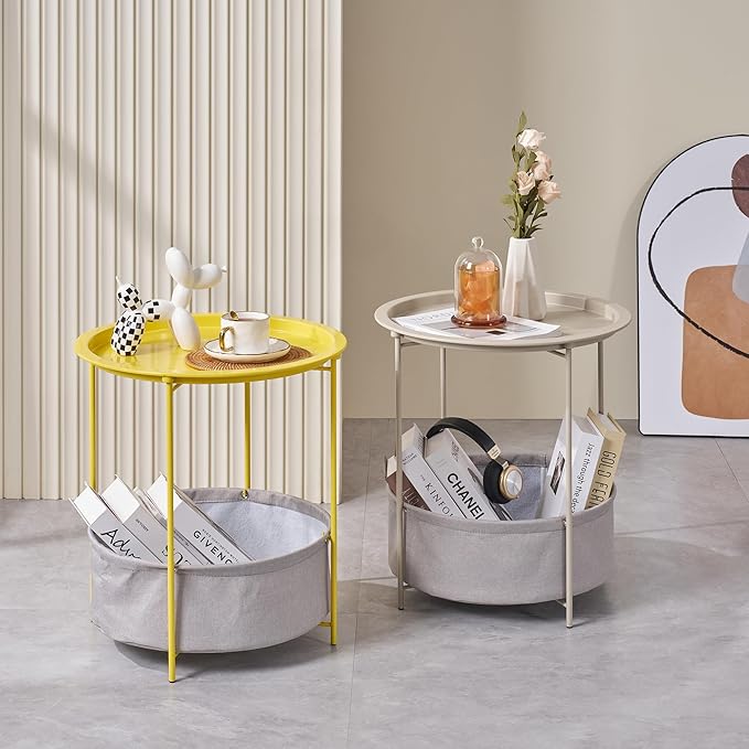 VECELO Round Side/End Table with Fabric Storage Basket，Metal Anti-Rust and Waterproof Small Bedside Nightstand with Removable Tray Top for Living Room，Balcony & Laundry，Grey /1pcs with Basket