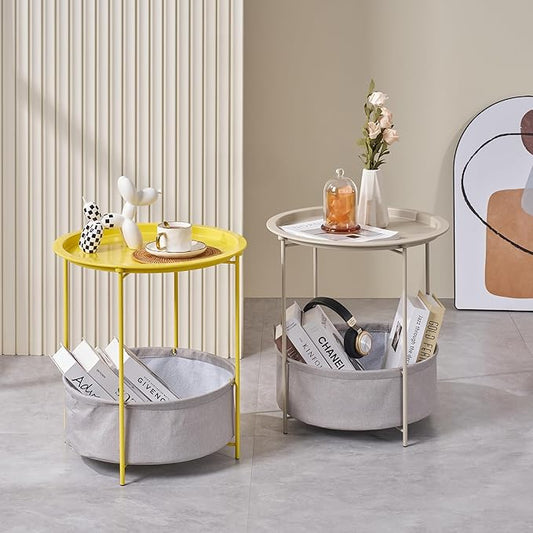 VECELO Round Side/End Table with Fabric Storage Basket，Metal Anti-Rust and Waterproof Small Bedside Nightstand with Removable Tray Top for Living Room，Balcony & Laundry，Grey /1pcs with Basket