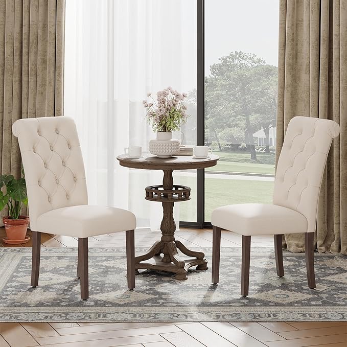 Upholstered Tufted Dining Room Chairs Set of 4, Parsons Kitchen Chairs with Padded Seat and Solid Wood Legs, Fabric Accent Side Diner Chair for Dining Room/Kitchen/Living Room, Beige