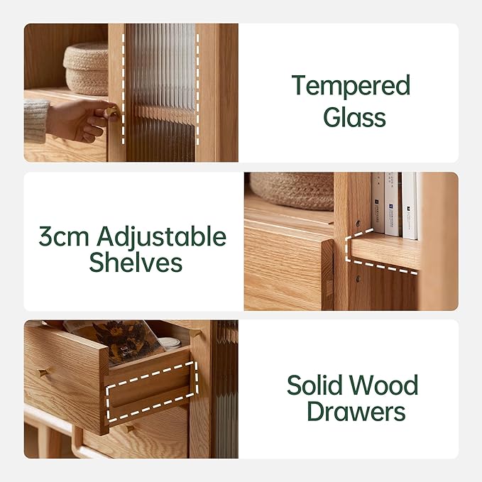 100% Solid Wood Storage Cabinet with Glass Doors and Drawers, Buffet Cabinet with Drawers, for Living Room, Reading Room, Kitchen (15.74" D x 31.49" W x 31.49" H, Natural)