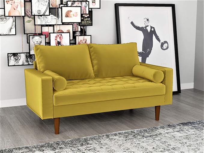 Container Furniture Direct Womble 58 Inch Velvet Loveseat Sofa with Elegant Button Tufted Upholstery, Square Arms, Splayed Wood Legs, Includes Matching Bolster Pillows, Dijon