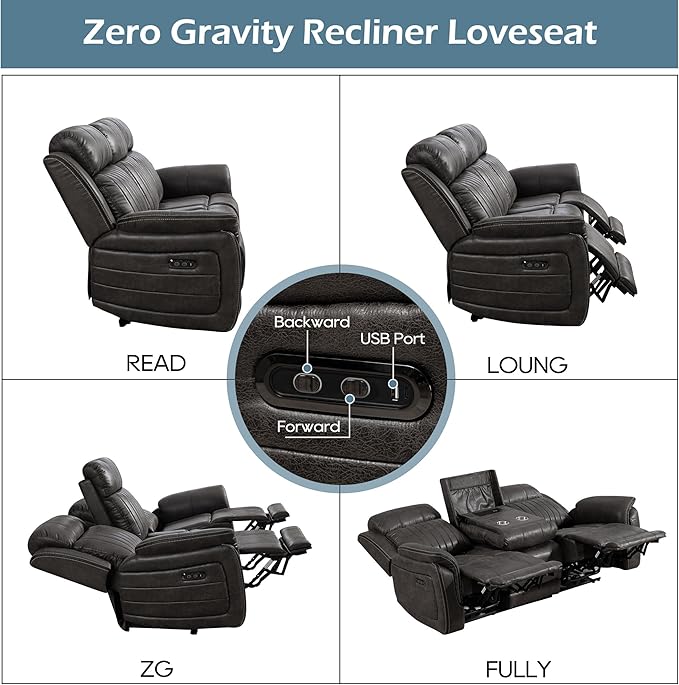 Zero Gravity Power Reclining Sofa with Adjustable Headrest, Electric Reclining Couch with Wireless Charge, USB Ports, Power 3-Seater Recliner Sofa with Drop Down Table, Outlet (Charcoal Brown)