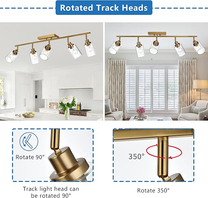MELUCEE 5-Light Track Lighting Kit Brass Semi Flush Mount Ceiling Light Fixture with 5 Rotatable Light Heads, Modern Accent Lighting for Foyer Art Wall Kitchen, Clear Glass Shade