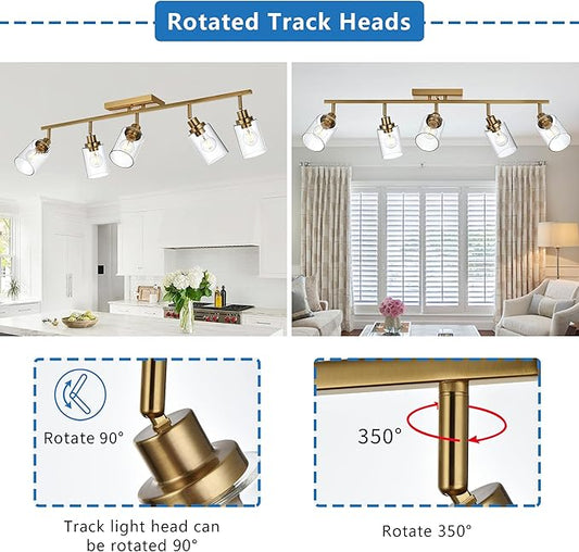 MELUCEE 5-Light Track Lighting Kit Brass Semi Flush Mount Ceiling Light Fixture with 5 Rotatable Light Heads, Modern Accent Lighting for Foyer Art Wall Kitchen, Clear Glass Shade