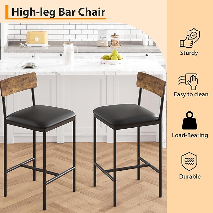 GAOMON Bar Stools Set of 2, Kitchen Bar Stools with Footrest, 25.5 Inches Upholstered Bar Chairs with Back, Counter Height Barstools for Counter Bar, Island, Easy Assembly, Rustic Brown