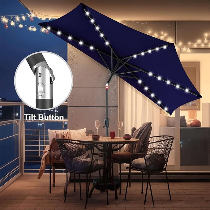 9ft Solar Half Umbrellas Outdoor - LED Half Patio Umbrella with 25 Lights, UV Protection Waterprool, Half Round Umbrella for Wall Balcony, Pool, Porch, Garden, Deck, Backyard, Navy Blue