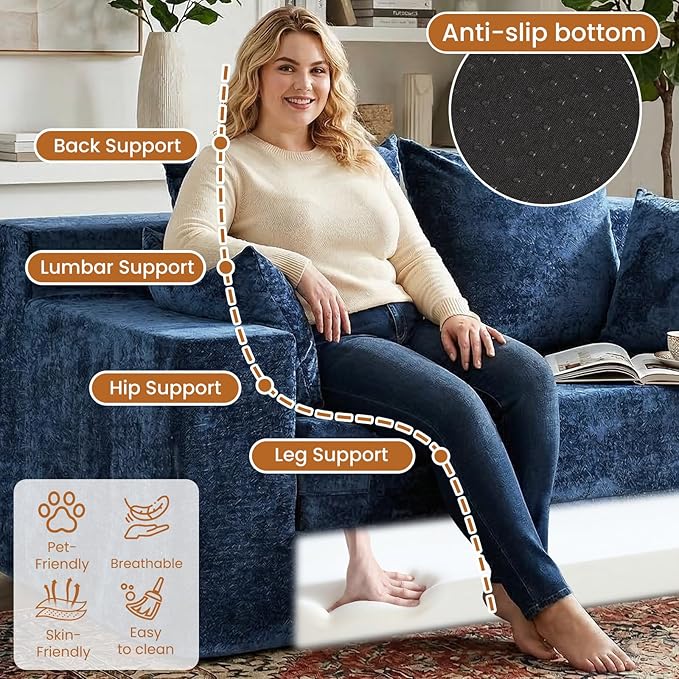 Convertible Sofa Bed, 5 in 1 Small Boneless Couch Pull Out Loveseat Sleeper Sofa,Corduroy Futon Couch Folding Mattress with 4 Pillows for Living Room (Blue, Loveseat(Silky Velvet))