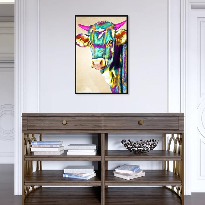Country Farmhouse Canvas Print Painting Animal Wall Art 'Fun Colorful Glam Farm Cow' Black Framed Canvas Rustic Home Décor 16x24 in Green, Pink by Oliver Gal
