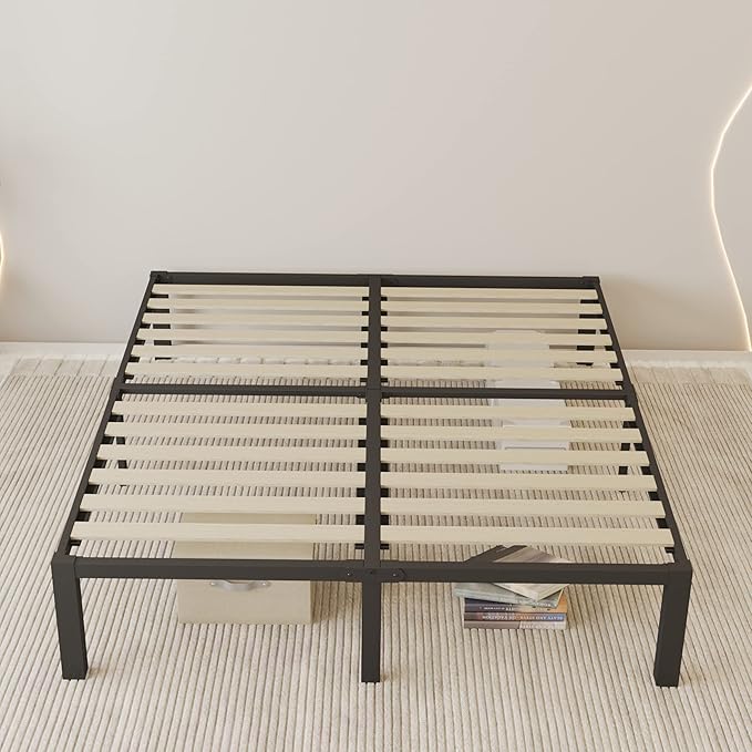 ROIL 18 inch King Bed Frames Wood with Wooden Slats - 3500lbs Heavy Duty No Box Spring Needed Metal Platform, Mattress Stoppers Iron Noise Free Bedframe, Headboard Hole Underneath Storage