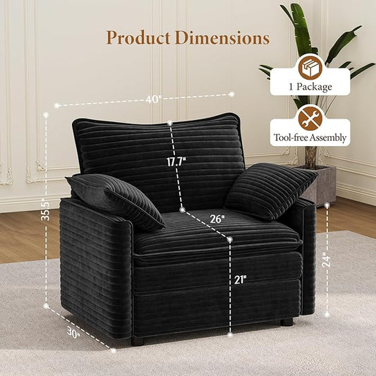 Vesgantti 40" Single Seat Sofa, Comfy Cloud Couch Deep Seat Upholstered Couch Corduroy Modern Sofa with Armrest Pillow, Easy Assembly for Living Room, Bedroom and Apartment, Black | Sink-in Comfort, Height Adjustable, Easy Rearrangement, Extra-deep Ott...