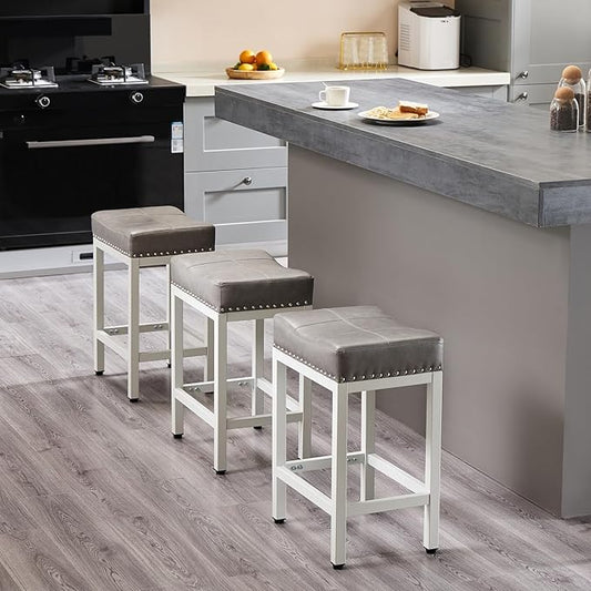NEWBULIG Bar Stools Counter Height - 24 Inch Saddle Stools, PU Leather Modern Kitchen Barstools with Metal Base Footrest,Grey,Set of 2