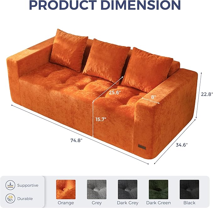 MAXYOYO Modular Sofa Couch, 75" Oversized Loveseat Boneless Cloud Couch with Deep Seat, Chenille Upholstered Living Room Sleeper Sofa Chair for Living Room, No Assembly Required, Orange