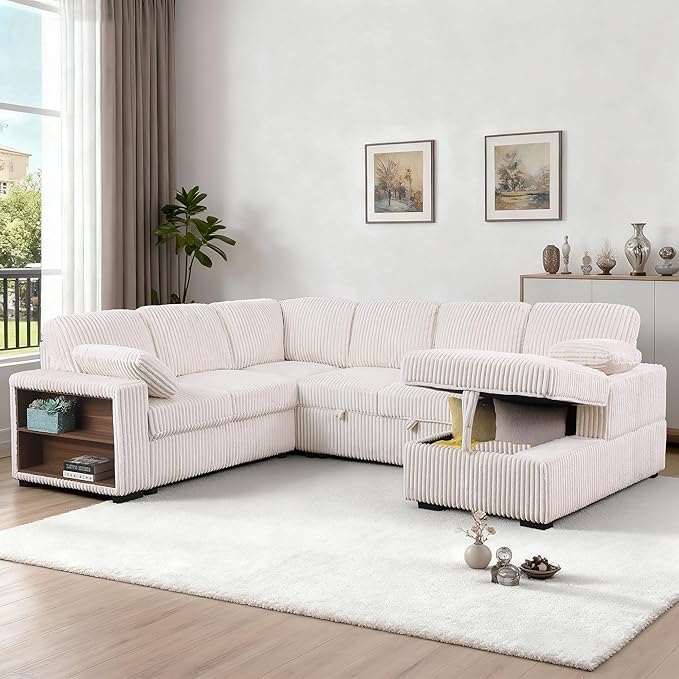 ERYE 117-Inch Oversized U-Shaped Pull Out Sleeper Couch Bed, Modern U Shaped Sleeper Sectional Sofa Corner Convertible Sofa Bed with Storage Chaise and Cabinet for Living Room