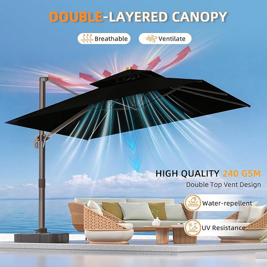 10' X 13' Outdoor Patio Umbrella Large Rectangle Cantilever Umbrella with Base Included, Heavy Duty 360°Rotation Offset Umbrella for Garden Deck Pool Patio,Black
