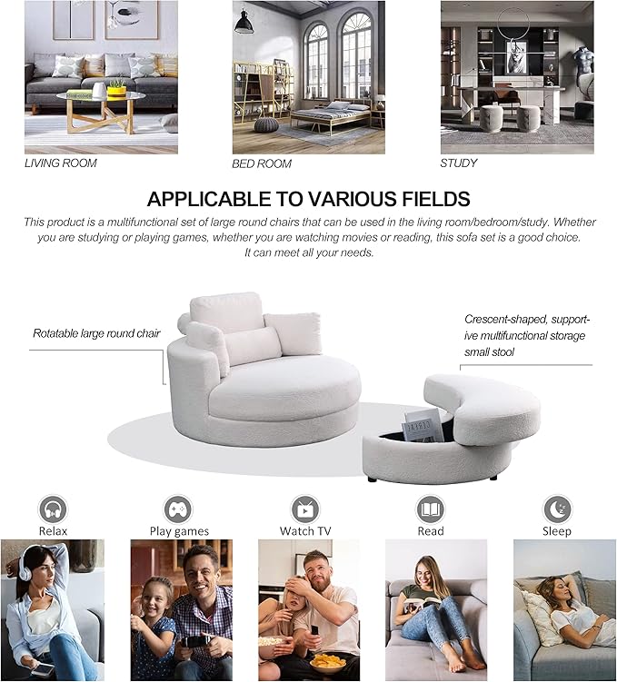 HomSof Swivel Accent Barrel Modern Sofa Lounge Club Big Round Chair with Storage Ottoman Linen Fabric for Living Room Hotel with Pillows，White