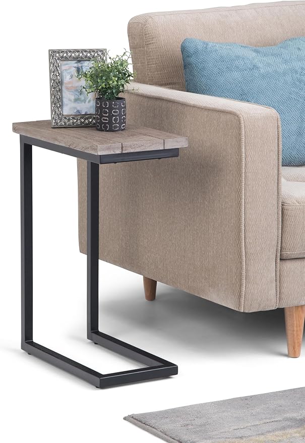 SIMPLIHOME Skyler C-Side Table - 18" Wide x 24" High Solid Mango Wood and Metal Slide-Under Table in Birch, Industrial Accent Table or End Table for Living Room or Bedroom with Open Frame, Assembled