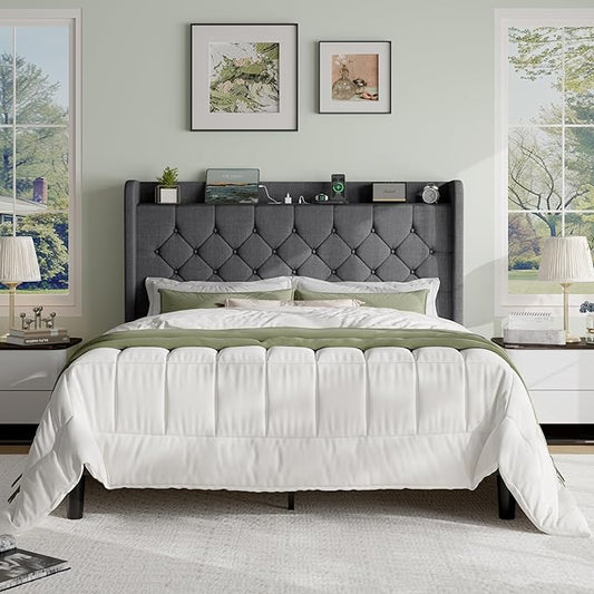 SHA CERLIN Queen Platform Bed Frame with Charging Station, Velvet Wingback Headboard with Storage Shelf, Wooden Slats Support, Ample Under-Bed Space, No Box Spring Needed, Easy Assembly, Dark Grey