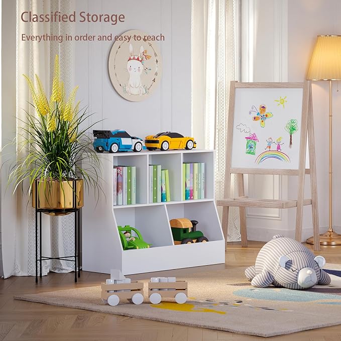 DINZI LVJ Toy Storage Organizer, Kids Bookshelf, Wood Toy Storage Cabinet, 5 Cubby Children Bookcase, 35.4" L Toddler Book Shelf for Playroom, Living Room, Nursery, Hallway, School, White