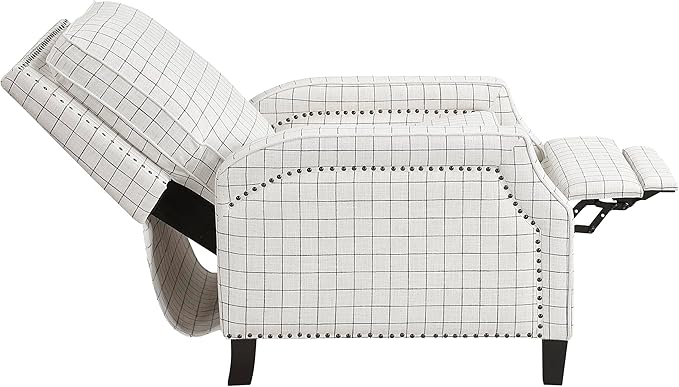 Lexicon Pushback Recliner Chair, Plaid Textured Fabric Armchair Push Back Reclining Chair, Nailhead Trim, Solid Wood Legs, Easy Assembly for Living Room/Office/Apartment, Off-White