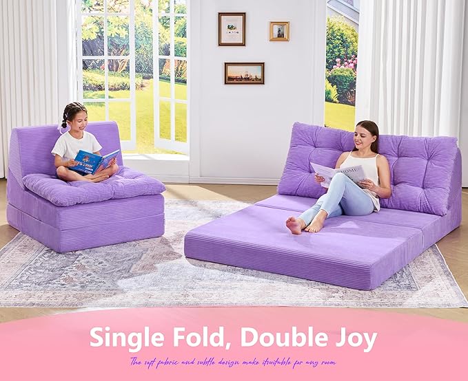 Hobestluk Sofa Couch Folding Sofa Bed Comfy Floor Lounger Convertible Sofa with Removable Cushion Couches for Small Spaces Foldable Mattress for Living Room Bedroom or Office (Cordury Purple, Large)