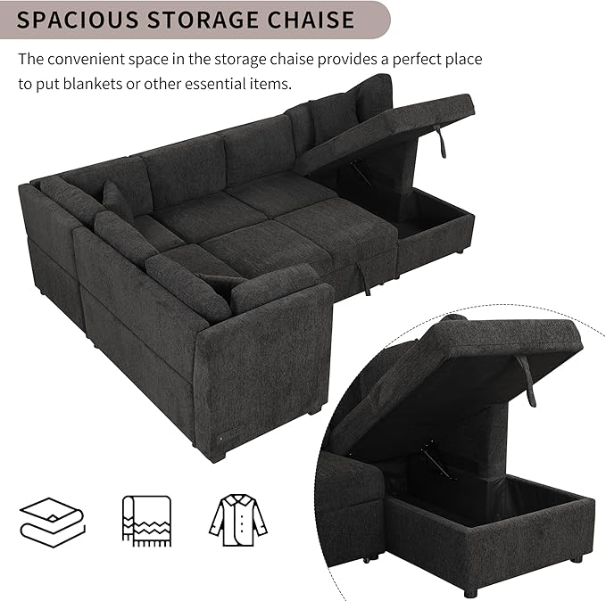 ERYE 108-Inch U-Shaped Sleeper Sectional Sofa with Pull Out Couch Bed for Living Room, Comfy Chenille Upholstered Corner Sleeper Sofabed with Storage Chaise & Power Sockets