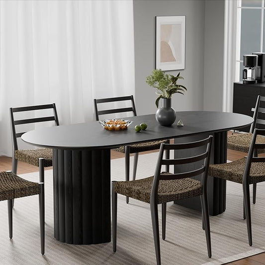 Casaphoria 79" Oval Dining Table, Modern Wood Kitchen Table with Cylinder Stripe Convex Base for Living Room & Dining Room, Easy Assembly Farmhouse Furniture for 6-8, Black