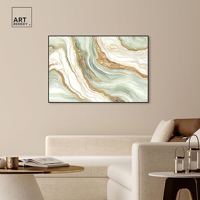 Art Remedy Green And Gold Framed Mineral, Agate & Geode 1 Piece Canvas Wall Art, 55" x 37", Black Frame