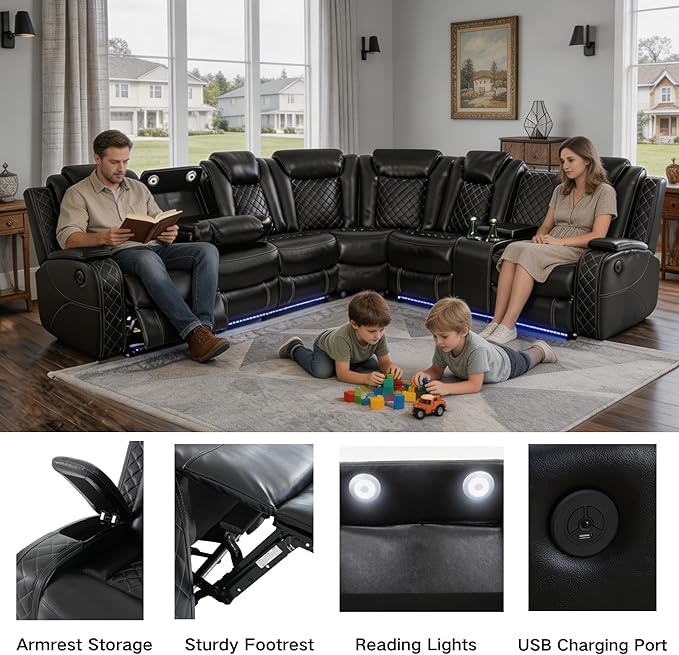 Power Recliner Sectional Sofa with LED Lighting, Breathing Leather Corner Couch with USB and Storage Console, Cup Holders, Reading Light – Home Theater & Living Room Seating (Black)